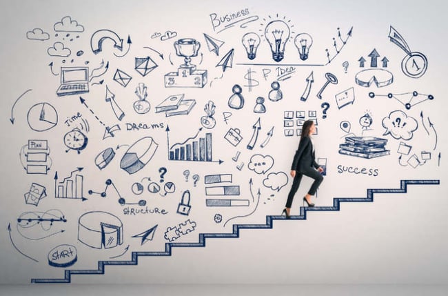 Photo of a businesswoman climbing stairs with graphic relating to success, data and money in the background