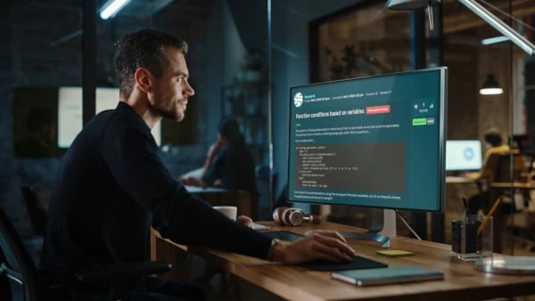 Man sat at a desk in from of a computer screen showing EDUKATE.AI learning platform