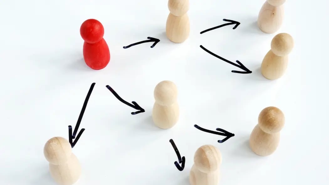 Figurines of people with arrows branching out joining them