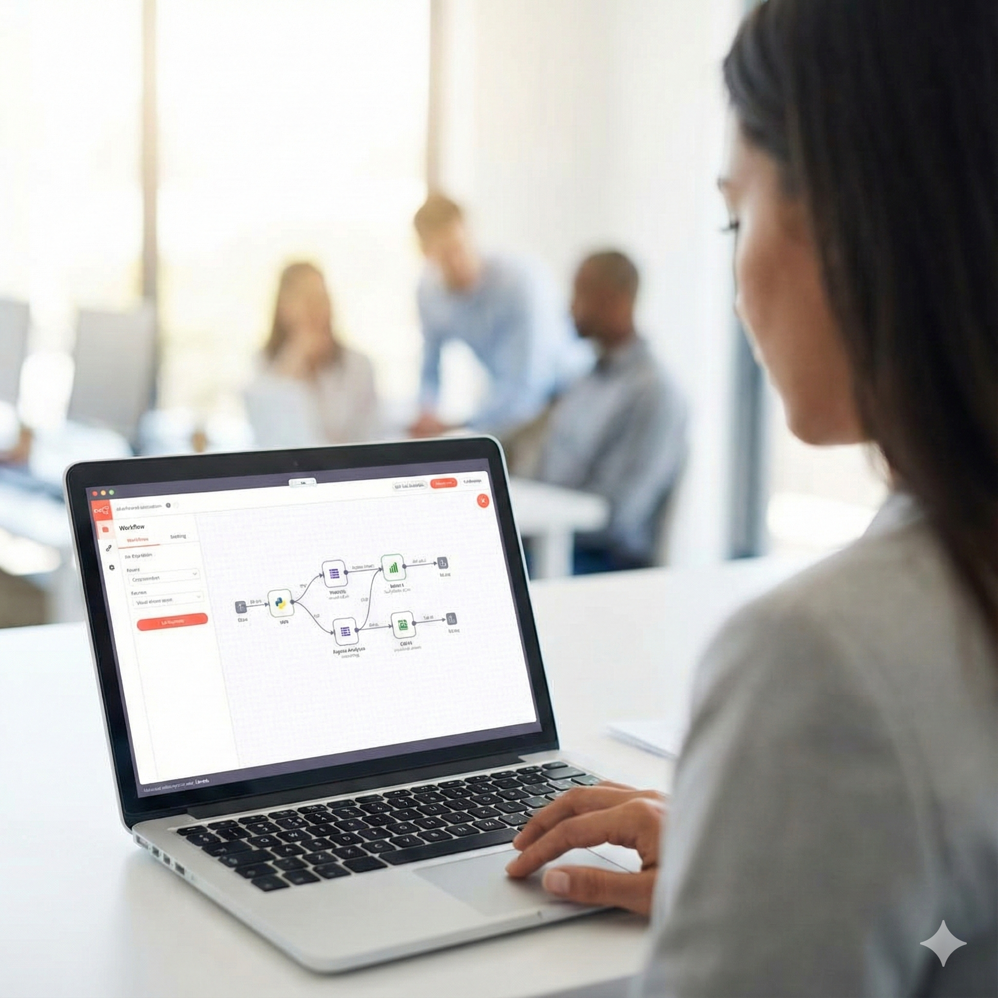 AI professional works on a workflow on a laptop